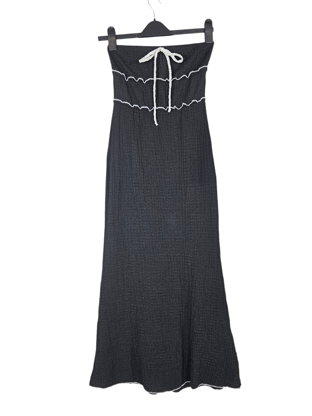 See You Monday textured fabric Black Halter/Strapless Midi Dress with White Trim
